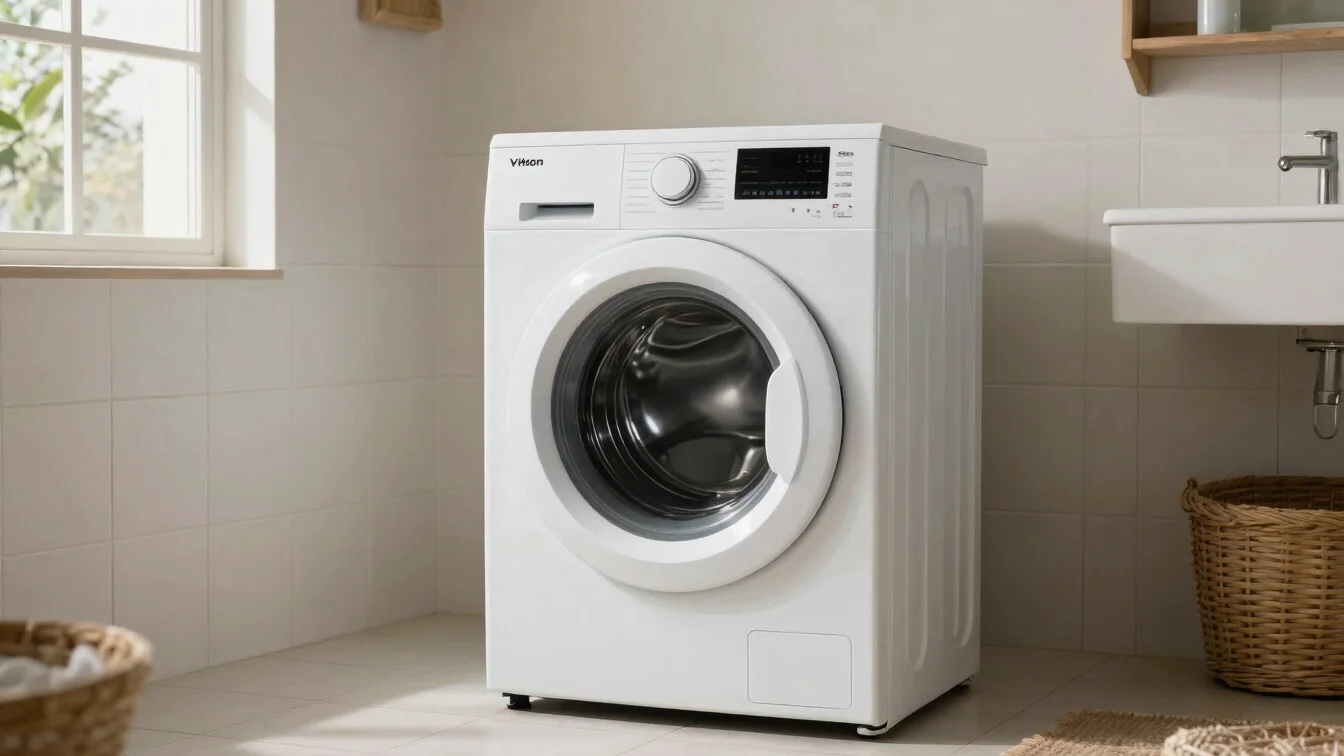 Editorial product photo of a Vitron washing machine in a tiled Ke
