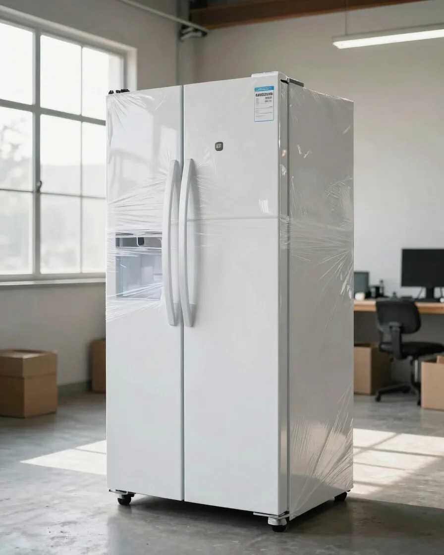 Editorial product photography of a large white refrigerator being carefully wrapped and secured on a clean warehouse flo