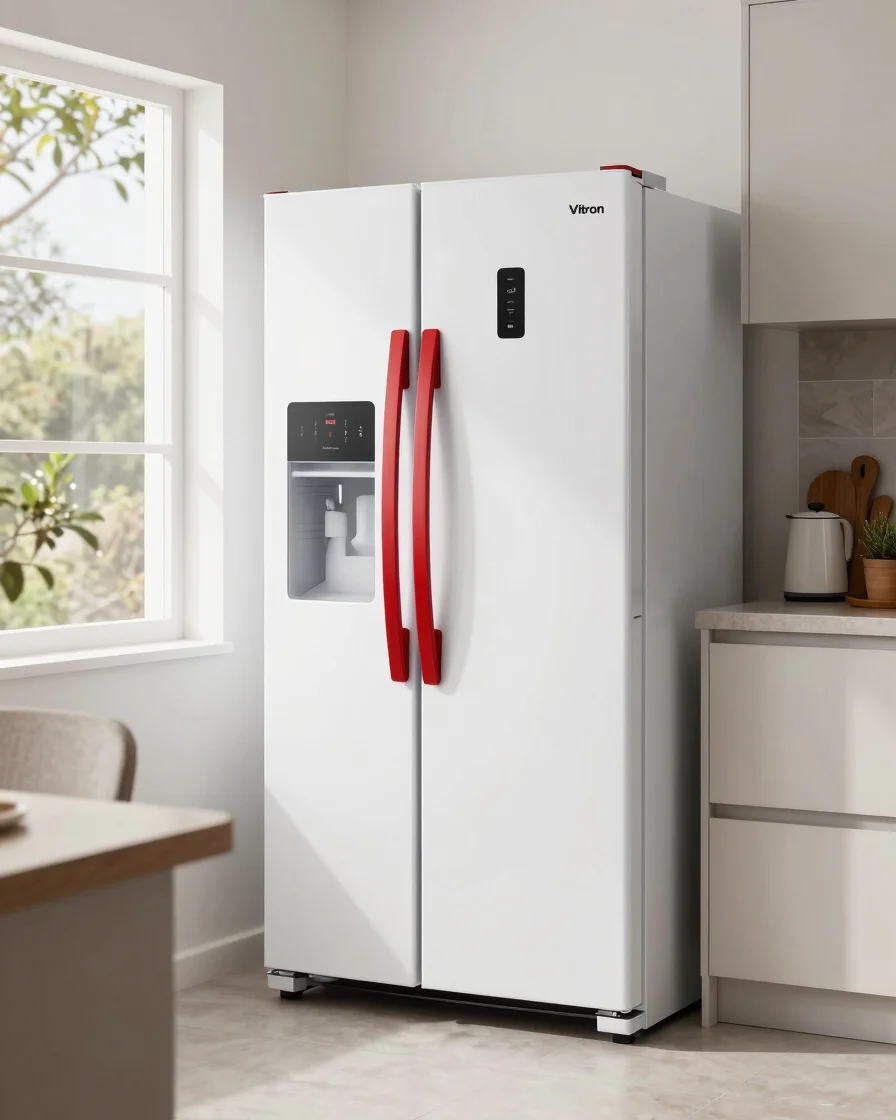 Editorial product photograph of a Vitron refrigerator in a bright